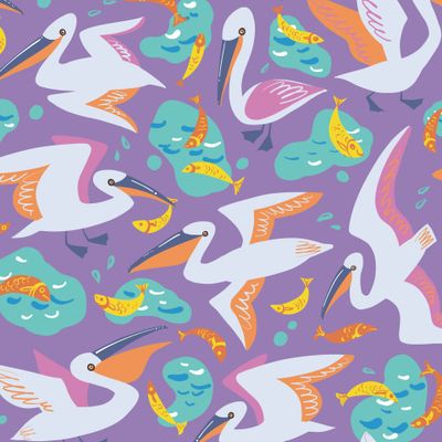 Пеликаны на рыбалке, на фиолетовом, детский паттерн