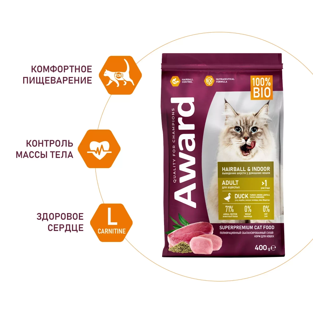 AWARD Hairball & Indoor Сухой корм для взрослых кошек для выведения шерсти с уткой и индейкой, 400г