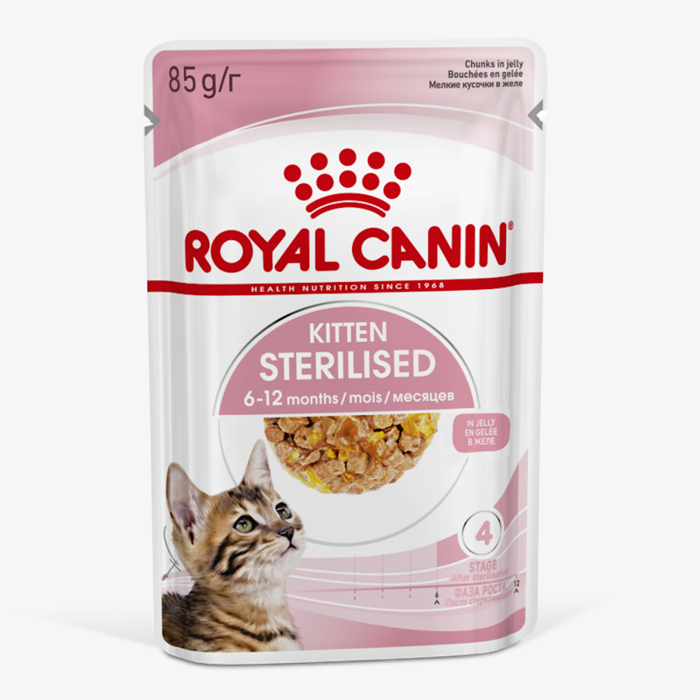 Пауч Royal Canin Kitten Sterilised для кастрированных и стерилизованных котят (в возрасте от 6 до 12 месяцев), мелкие кусочки в желе Пауч Royal Canin Kitten Sterilised для кастрированных и стерилизованных котят (в возрасте от 6 до 12 месяцев), мелкие кусочки в желе