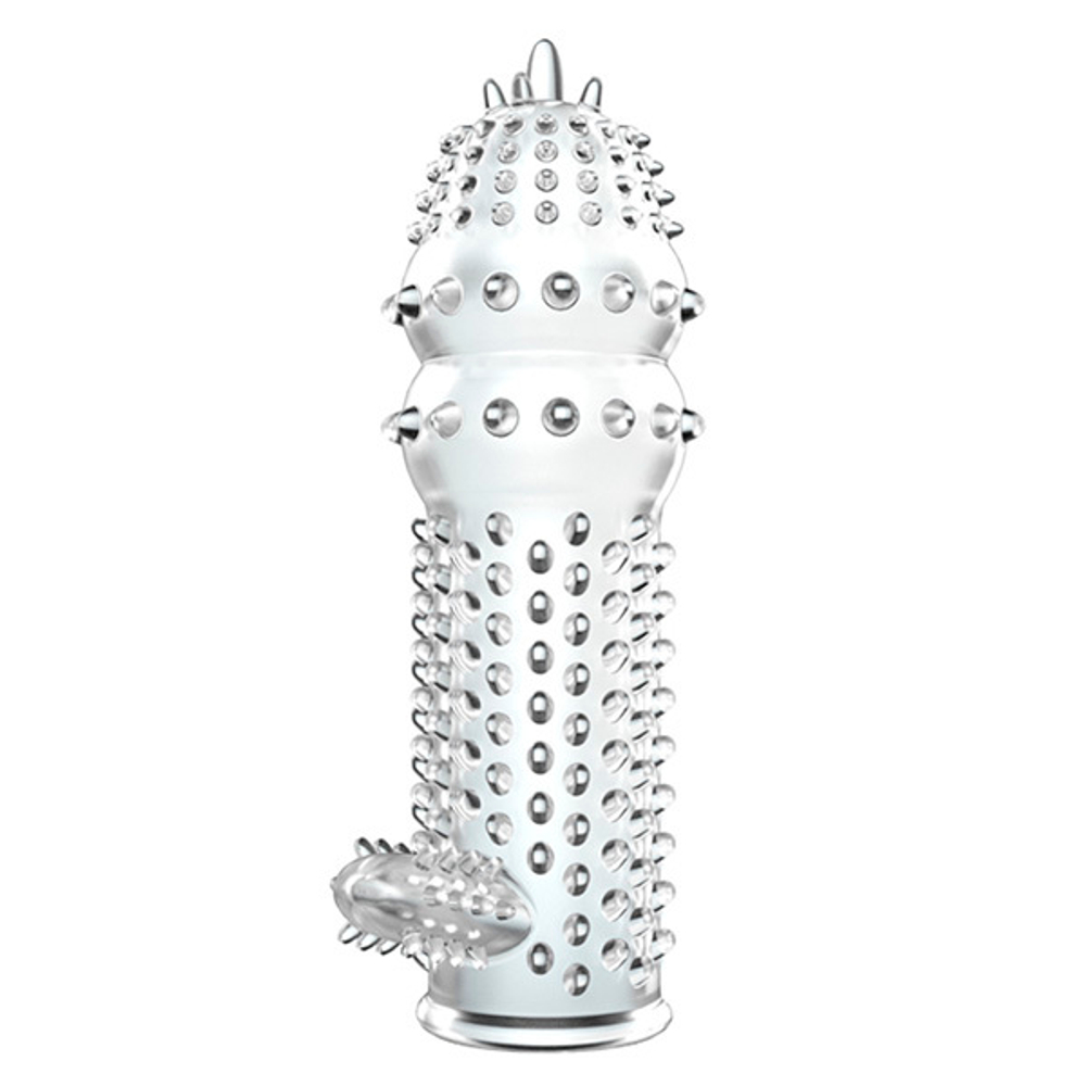 Прозрачная насадка на пенис 12,8см с шипами и стимулятором клитора Baile Sleeve BI-010045C