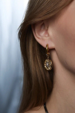 Серьги трансформеры с круглым подвесом из перламутра и цирконов с солнцем, золото