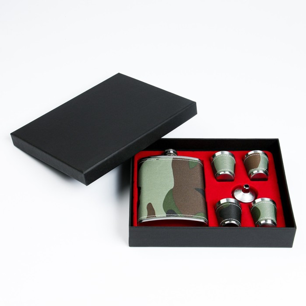 Подарочный набор 6 в 1 «Камуфляж»: фляжка 240 мл, 4 стопки, воронка, нержавеющая сталь, текстиль, зелёный