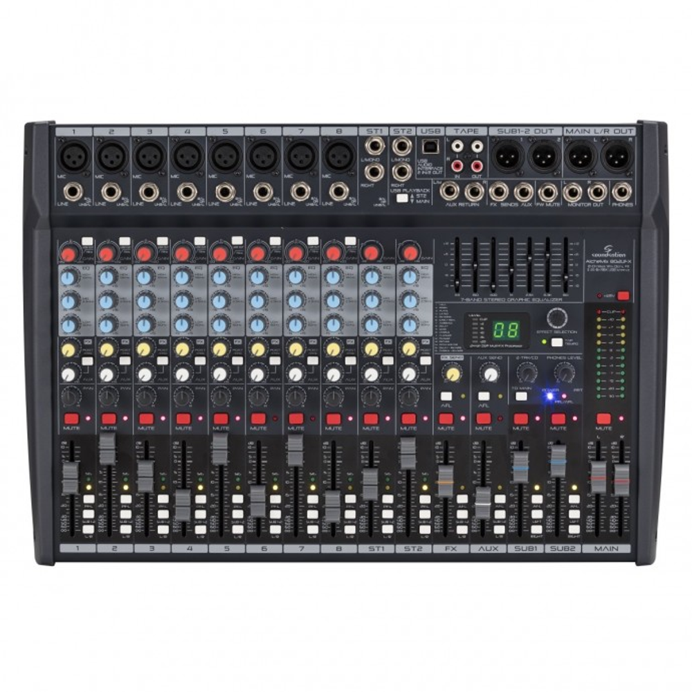 Soundsation Alchemix-802UFX Микшерный пульт, 12 каналов. USB Stereo звуковая карта. Размеры (ШхГхВ): 430 х 316,5 х 134 мм. Вес нетто: 5,5 кг.