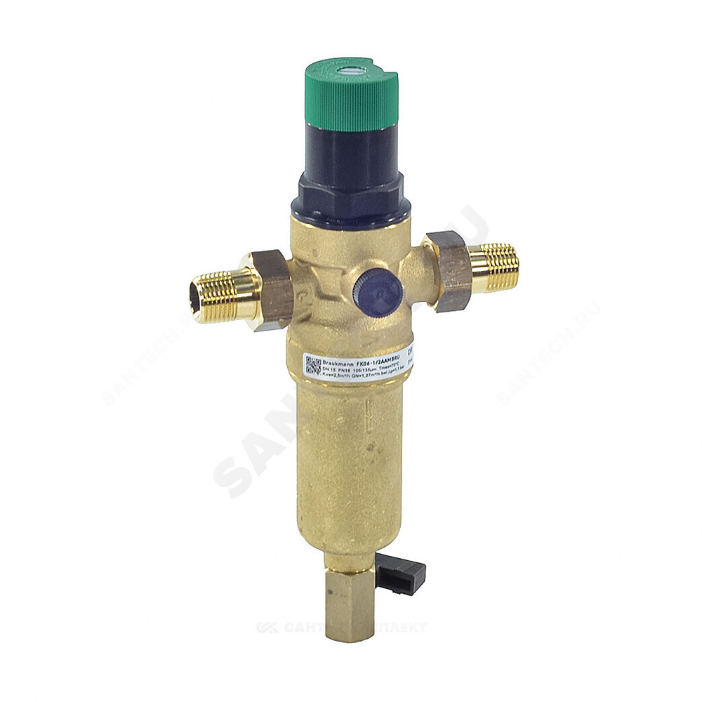 Фильтр сетчатый T-образный латунь Ду 20 Ру25 Тмакс=70 oC G3/4" НР FK06 с выходом под манометр с регулятором давления с краном Honeywell-Braukmann FK06-3/4"AAM