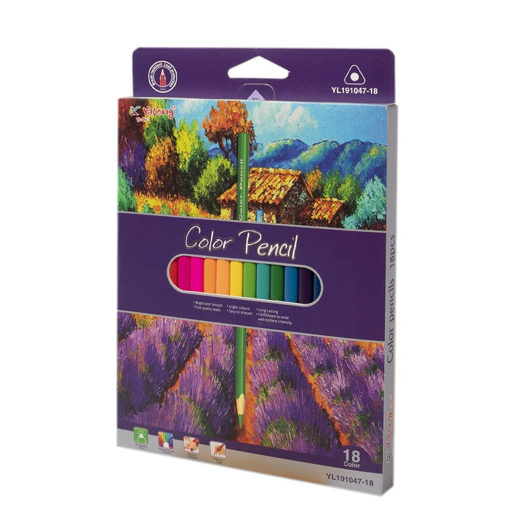Карандаши цветные Yalong 18 цв., "Пейзаж" деревянные, трехгранные, заточенные, грифель 3.0 мм, картон. уп., европодвес