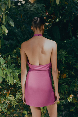 ZARA МИНИ-ПЛАТЬЕ ХАЛТЕР С УЗЛОМ, БАКЛАЖАННЫЙ