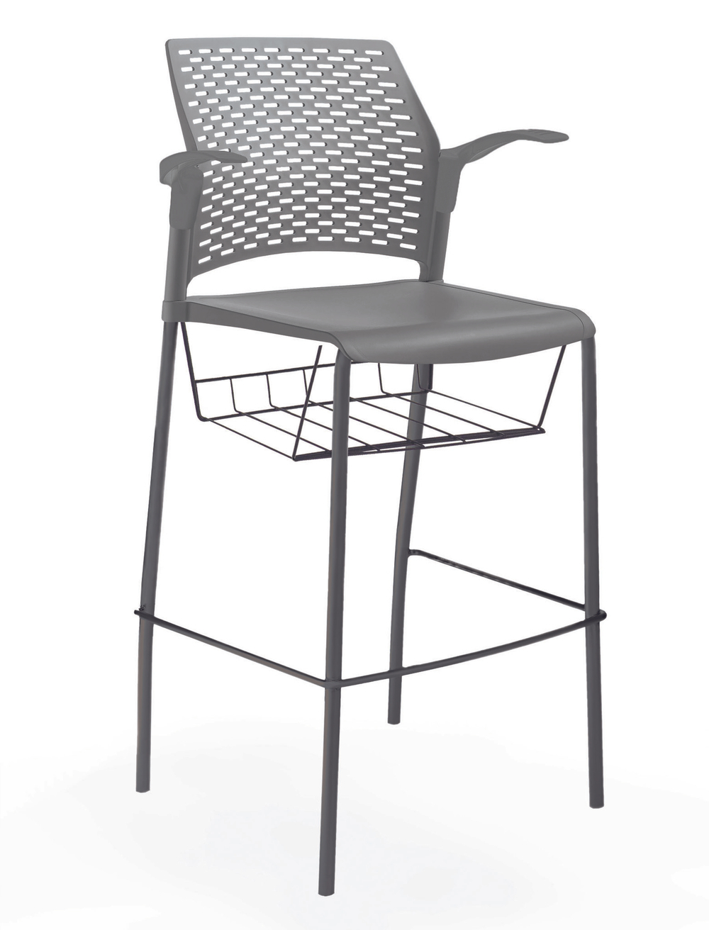стул Rewind барный, каркас черный, пластик серый, с открытыми подлокотниками, с подседельной корзиной, без обивки
