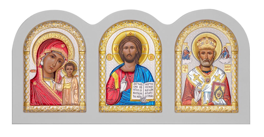 Триптих, Спаситель, Казанская БМ, Николай Чудотворец, икона, белое дерево, эмаль 75х160