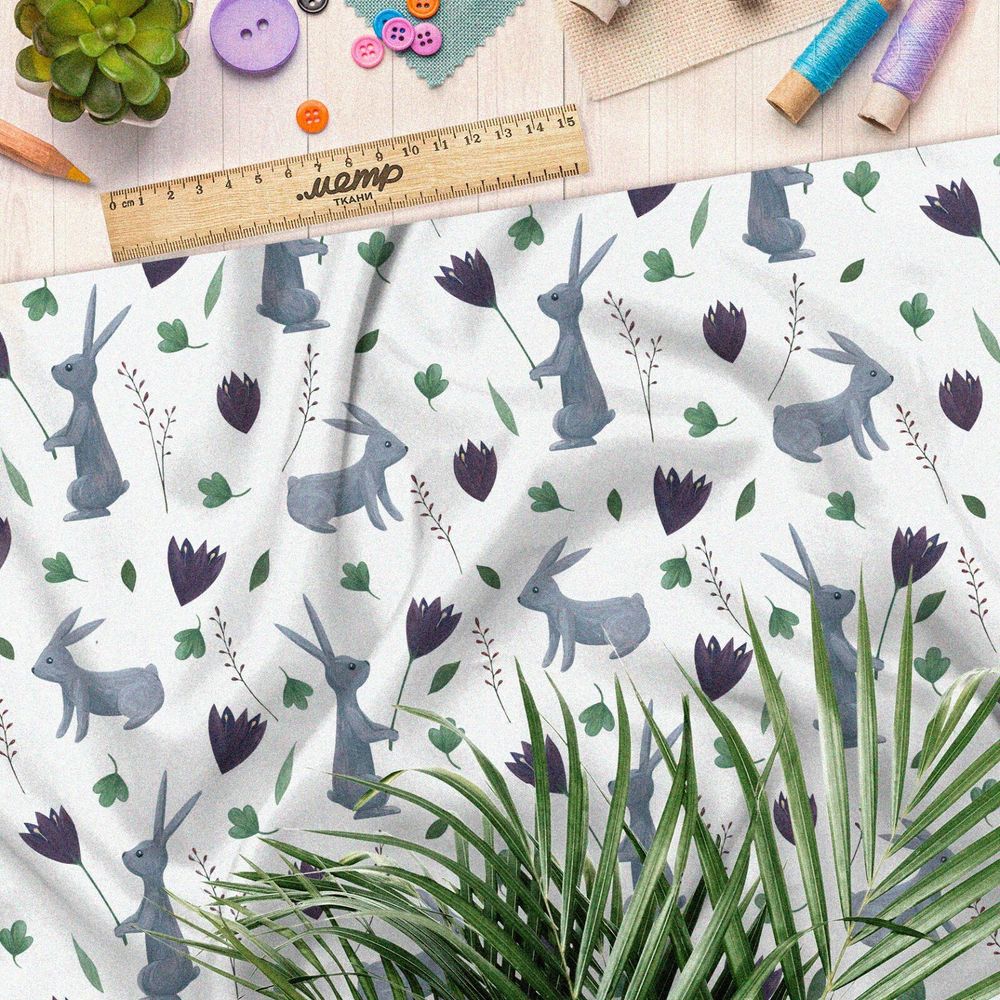 Ткань лен серые зайцы с цветами