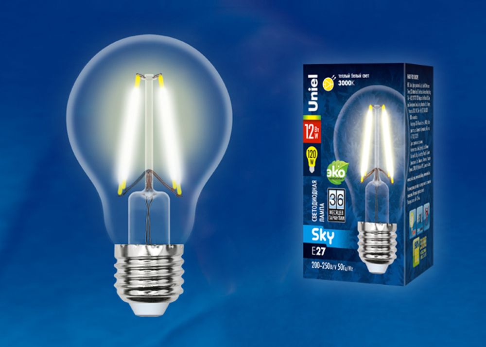 LED-A60-12W/3000K/E27/CL PLS02WH Лампа светодиодная. Форма A, прозрачная. Серия Sky. Теплый белый свет (3000K). Картон. ТМ Uniel.