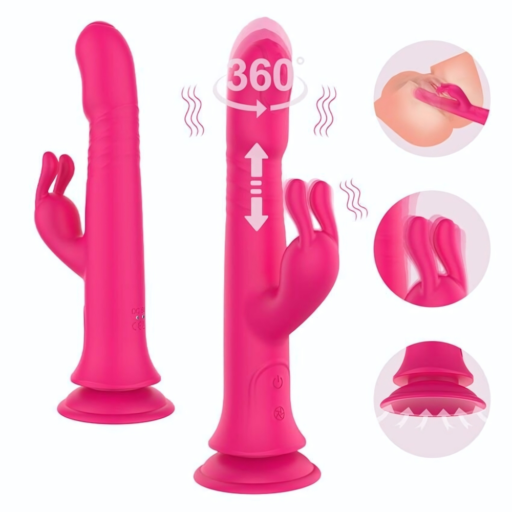 Розовый вибратор-кролик с возвратно-поступательными движениями и ротацией - 24,2 см. (Цвет: розовый)