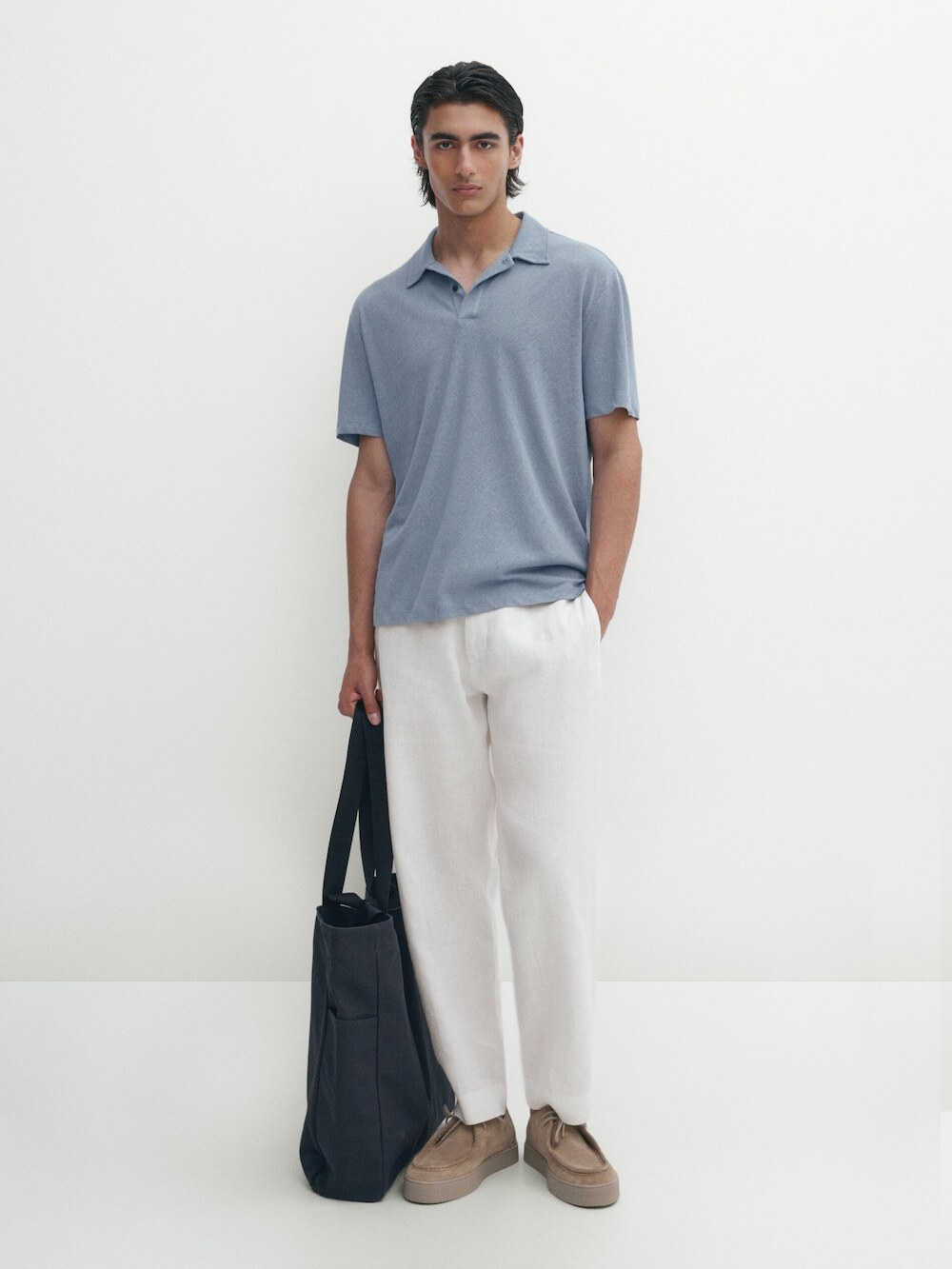 Massimo Dutti Поло из смесового льна с короткими рукавами, синий