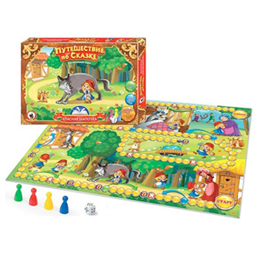 Игра ходилка " Русский стиль " Путешествие по сказке. Красная шапочка, состав: игровое поле, 4 фишки, кубик, правила игры, от 3лет, картонная упаковка 22*32*3см