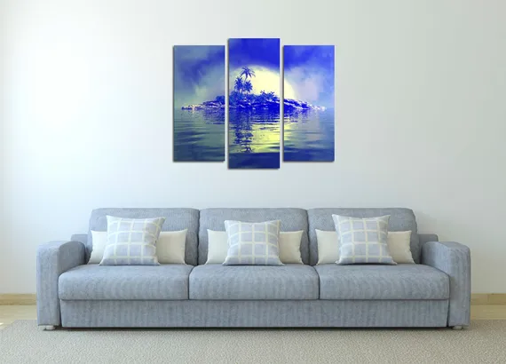 Модульная картина "Остров с пальмами в синих тонах"