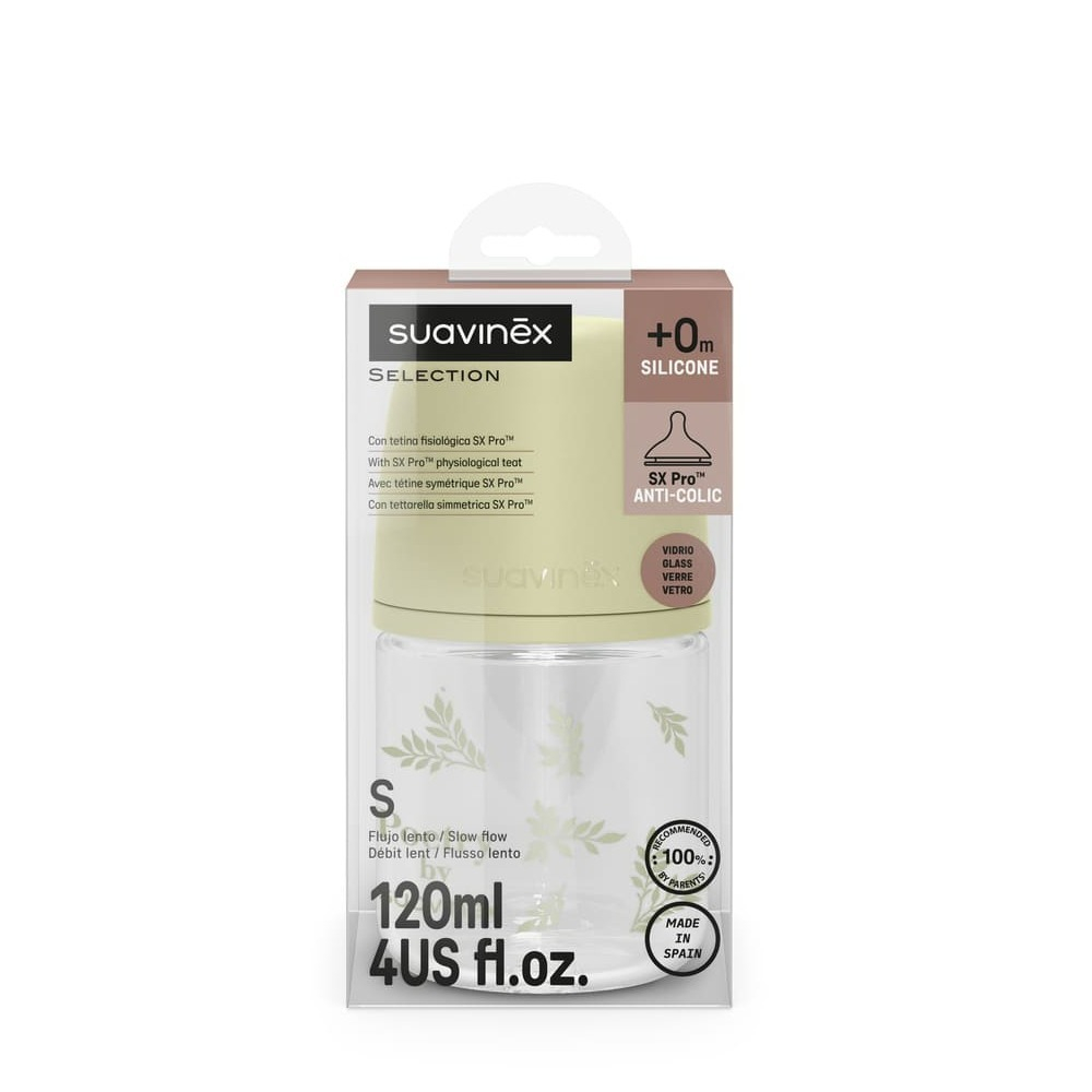 Стеклянная бутылочка для кормления Suavinex Poetry SX PRO 120 мл, медленный поток, 0+ мес, зеленая