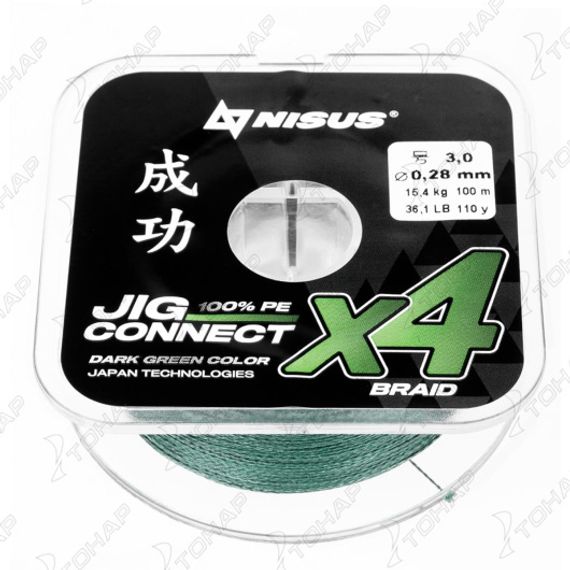 Шнур JIG CONNECT X4 PE Dark Green 150m #3.0, 0.28mm 15.4кг/36.1LB (T-N-JC-X4-0.28-150-DG) NISUS