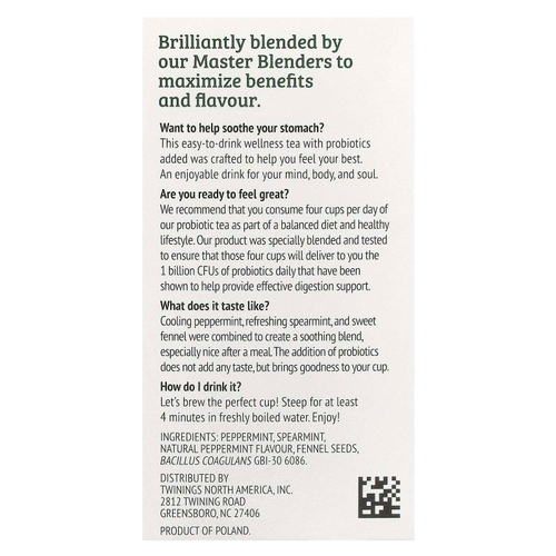 Twinings, Herbal Tea, перечная мята с пробиотиками, без кофеина, 18 чайных пакетиков, 36 г (1,27 унции)