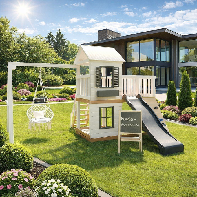 Домик с открытой верандой и качелями гнездо