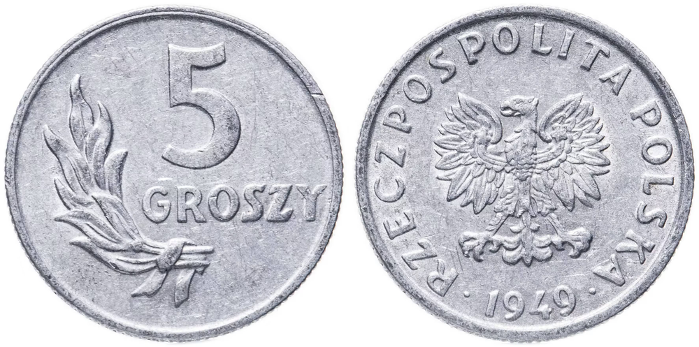 Польша 5 грошей, 1949 Алюминий XF
