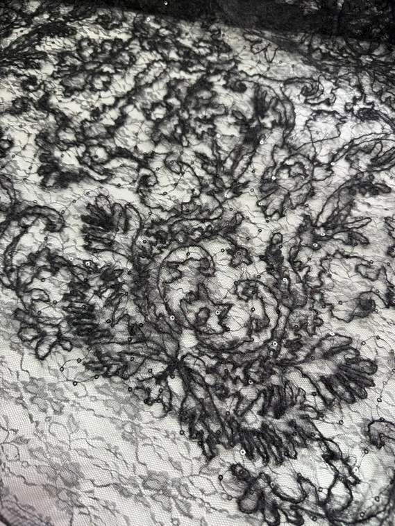 Гипюр кружевной с вышивкой "веревочка" и пайетками, арт.30, Китай, черный