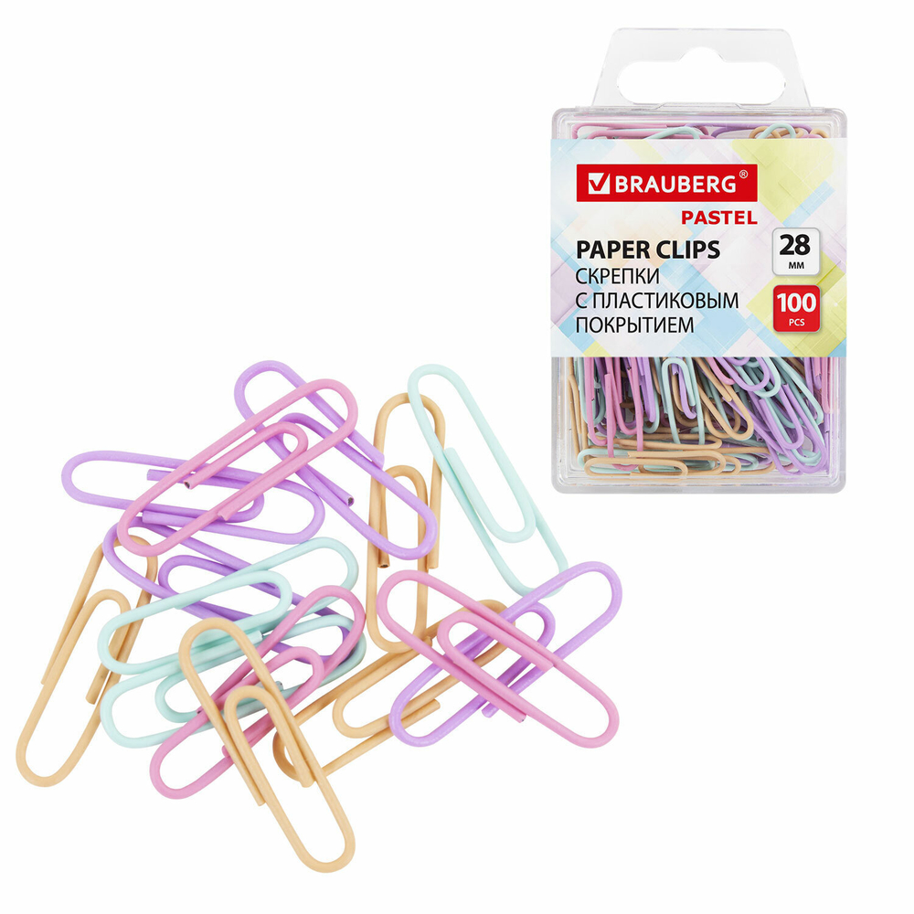 Скрепки BRAUBERG PASTEL 28 мм пастельные цвета 100 шт. в пластиковой коробке (6 штук в упаковке)