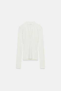ZARA ТОП В РУБЧИК С V-ОБРАЗНЫМ ВЫРЕЗОМ, ЭКРЮ