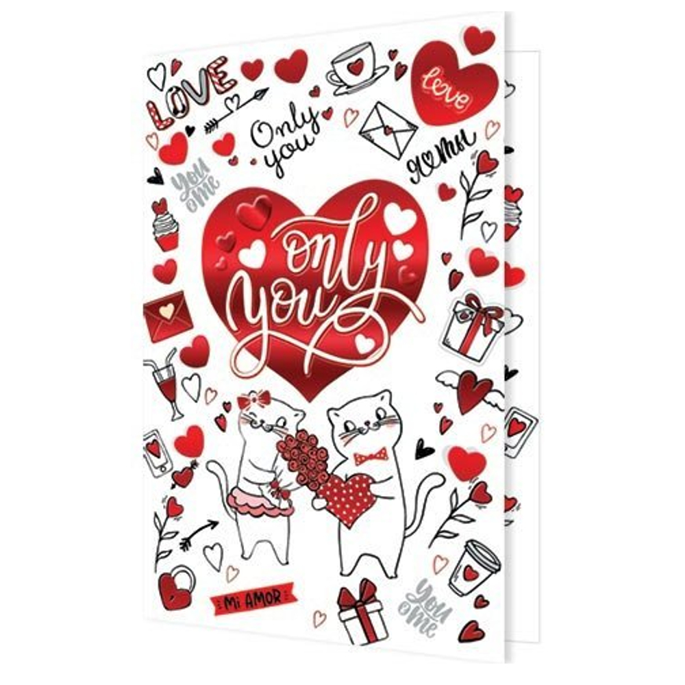 Открытка двойная "Only you!", 159х297 мм, с текстом, фольга, влюбленные котята