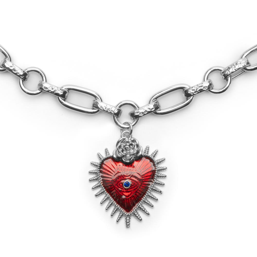 Латунная цепочка с большим Красным сердцем и Розой, silver