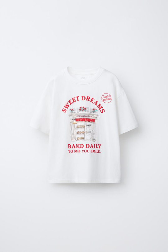 ZARA ФУТБОЛКА С ПРИНТОМ, БЕЛЫЙ