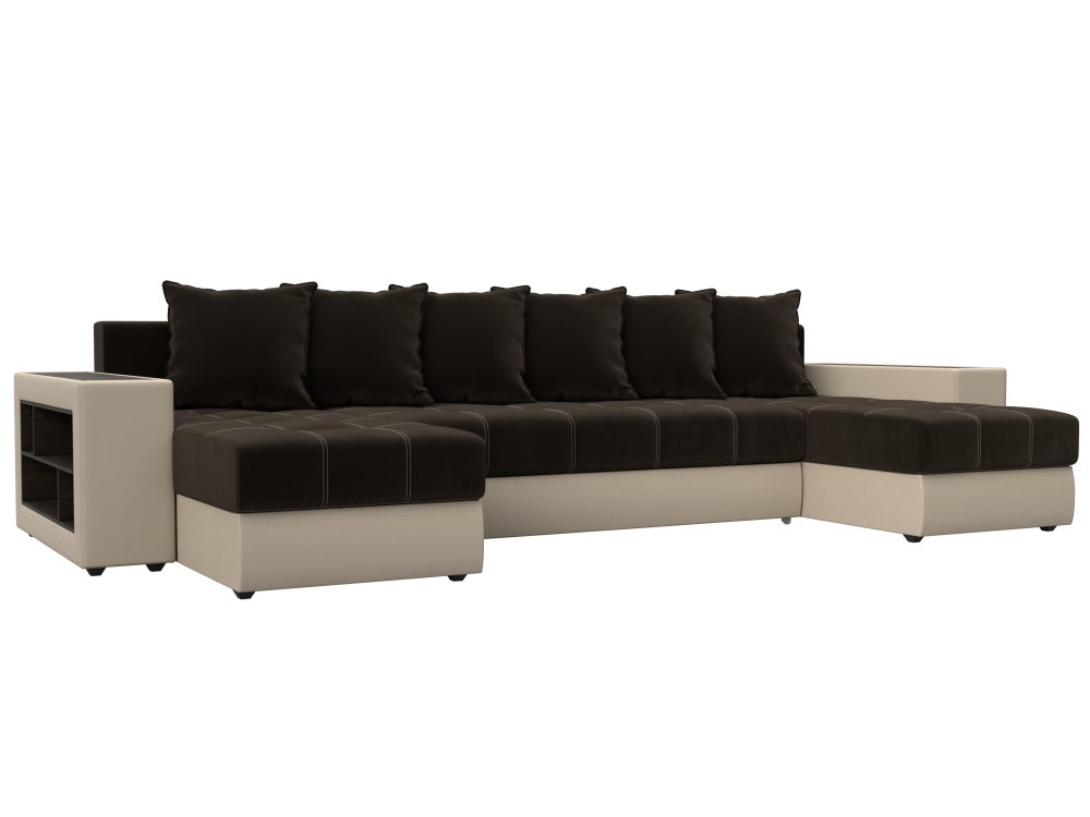 Диван П-образный Дубай полки слева, Коричневый\Бежевый, Микровельвет\Экокожа, 31512