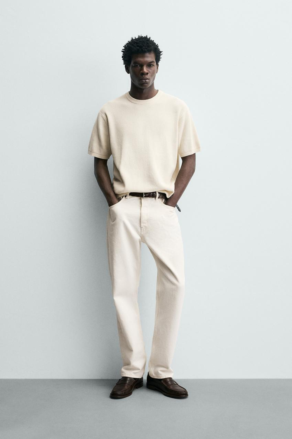 ZARA ФУТБОЛКА ПЛАТОЧНОЙ ВЯЗКИ, ЖЕЛТОВАТО-БЕЛЫЙ