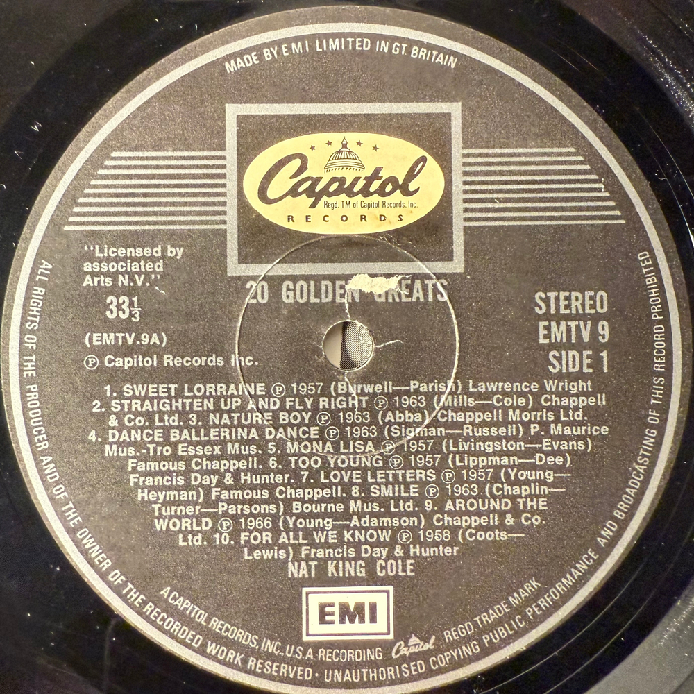 Nat King Cole ‎– 20 Golden Greats (Англия 1978г.)