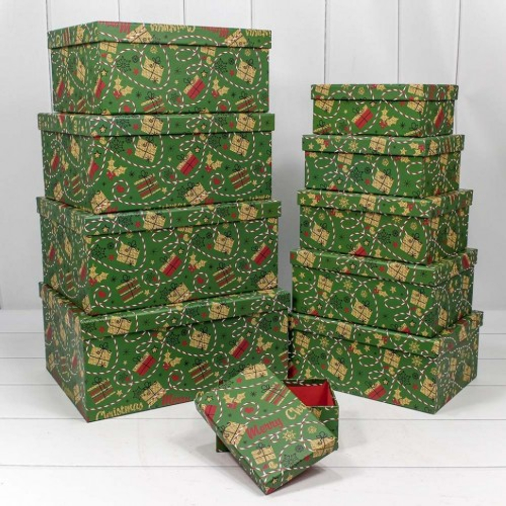 Коробка 34х26х15.3 см Набор 10 шт "Подарки" (Зеленый)