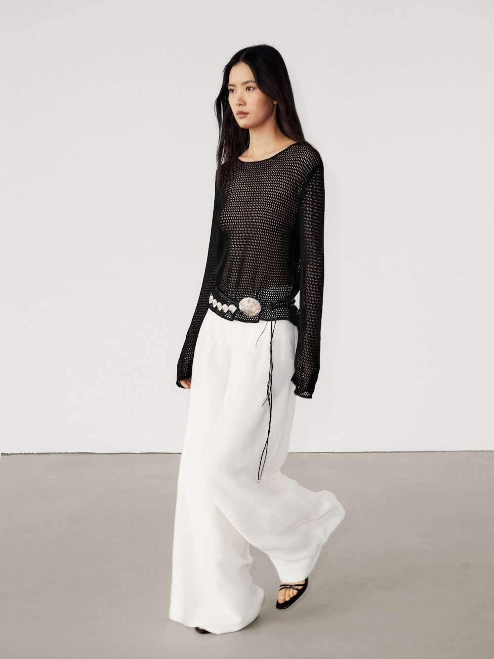 Massimo Dutti Свитер ажурной вязки с длинными рукавами, черный