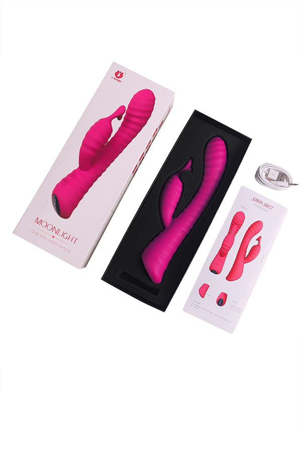 Розовый ребристый вибратор с клиторальным стимулятором S-HANDE Moonlight - 21,1 см. (Цвет: розовый)