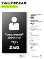 Табличка Генеральный директор, на дверь и стену, информационная и мультиязычная (русский, английский, китайский), серия GLOBAL, 25х15 см, Айдентика Технолоджи