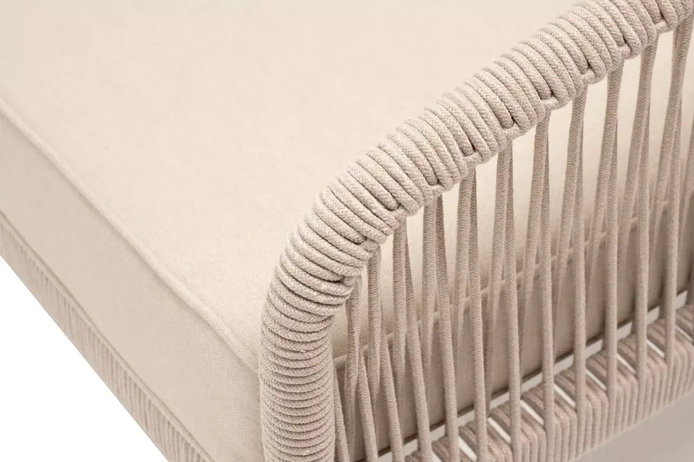 "Канны" диван модульный плетеный из роупа, каркас алюминий белый, роуп бежевый круглый, ткань бежевая 15052