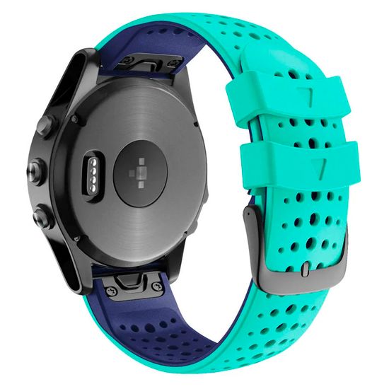 Ремешок дышащий Athlet 22 мм. для Garmin Fenix 7/6/5, EPIX 2, MARQ, Forerunner 935 / 945 / 955 / 965, instinct, instinct 2 двухцветный силиконовый быстросъемный (Бирюзовый/синий)