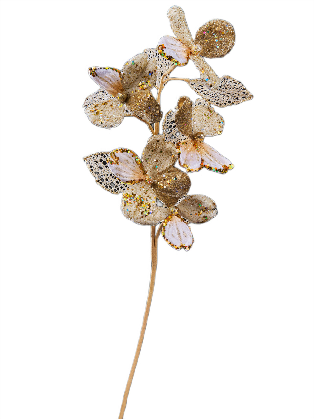 Веточка с листьями кизила 72см ChristmasDeLuxe кремовая с золотом