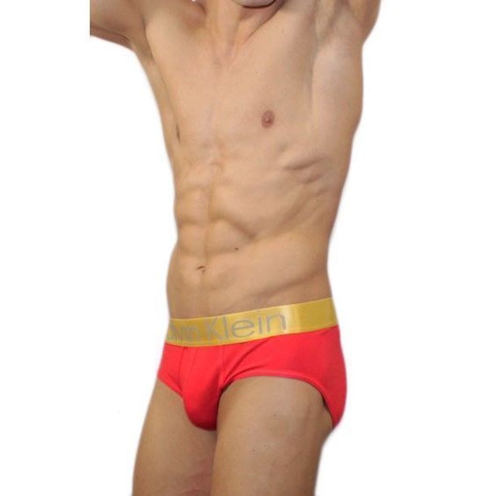 Мужские трусы брифы красные с золотистой резинкой Calvin Klein Golden Red