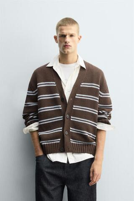 ZARA ЖАККАРДОВЫЙ КАРДИГАН В ПОЛОСКУ, КОРИЧНЕВЫЙ