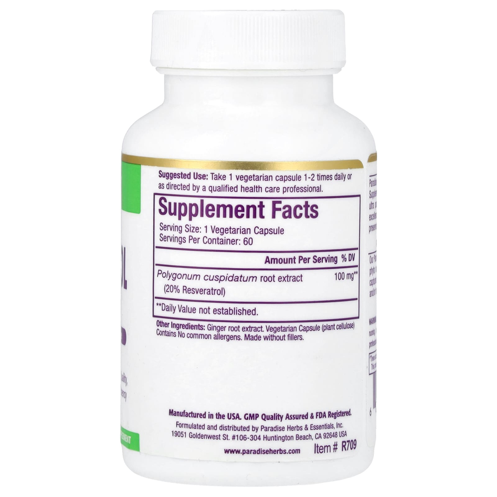 Paradise Herbs, Экстракт ресвератрола, 60 вегетарианских капсул (100 мг на капсулу)