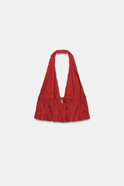 ZARA УКОРОЧЕННЫЙ ТОП ХАЛТЕР ИЗ ЛЬНА, ГРАНАТОВЫЙ