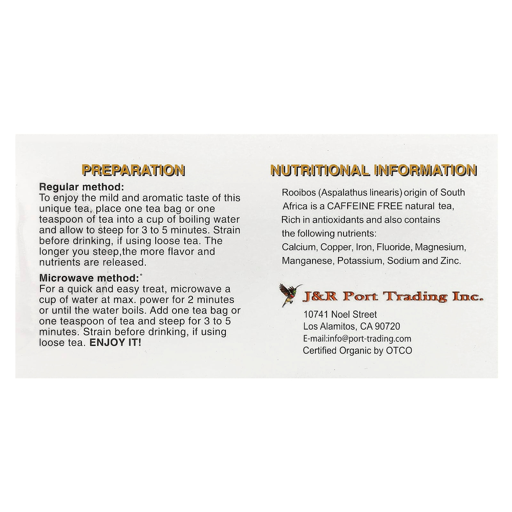 J&R Port Trading, красный чай ройбуш, без кофеина, 20 чайных пакетиков, 50 г (1,765 унции)