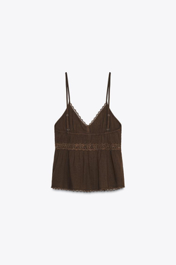 ZARA ТОП С КРУЖЕВОМ, КОРИЧНЕВЫЙ