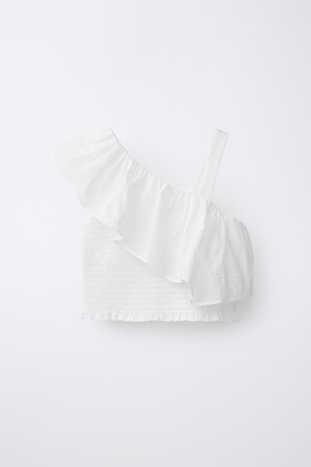 ZARA ТОП С АСИММЕТРИЧНЫМ ВОЛАНОМ, БЕЛЫЙ