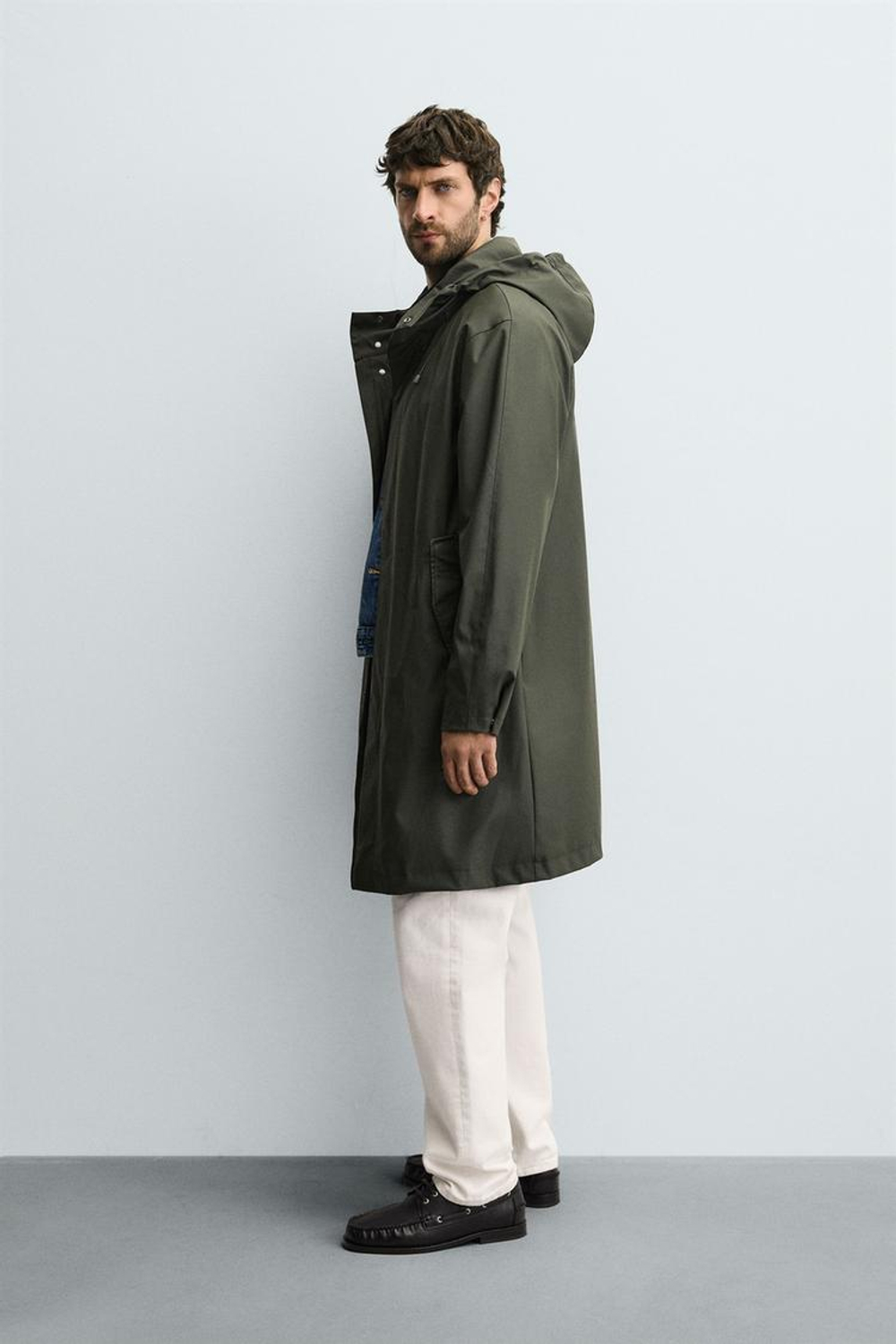 ZARA ПРОРЕЗИНЕННАЯ ПАРКА С КАПЮШОНОМ, ТЕМНЫЙ ХАКИ