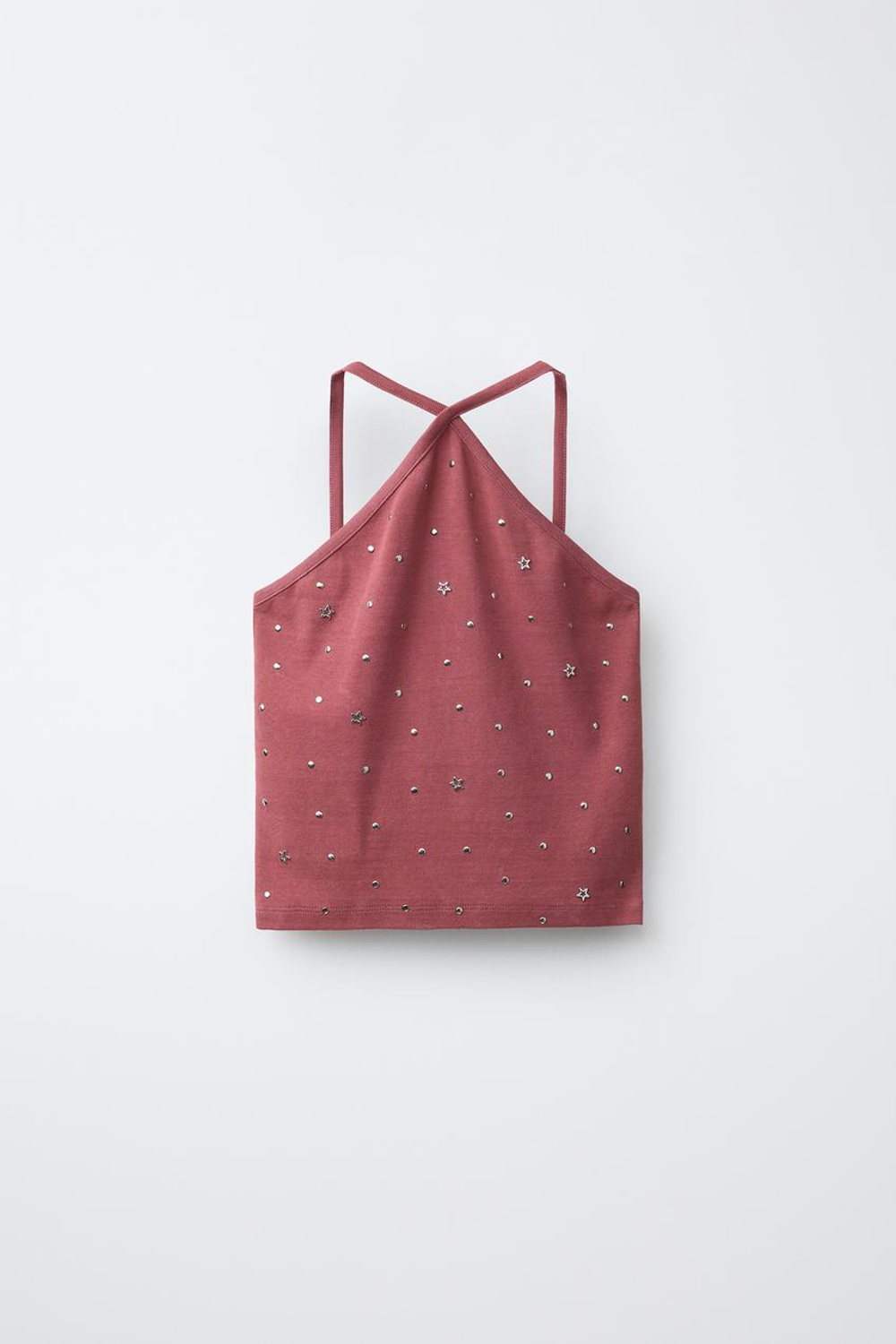 ZARA ТОП С ГОРЛОВИНОЙ ХАЛТЕР И ЗАКЛЕПКАМИ, ГРАНАТОВЫЙ