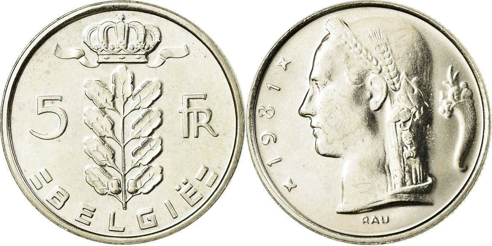 Бельгия 5 франков, 1948-1981 Надпись на голландском - 'BELGIЕ' XF