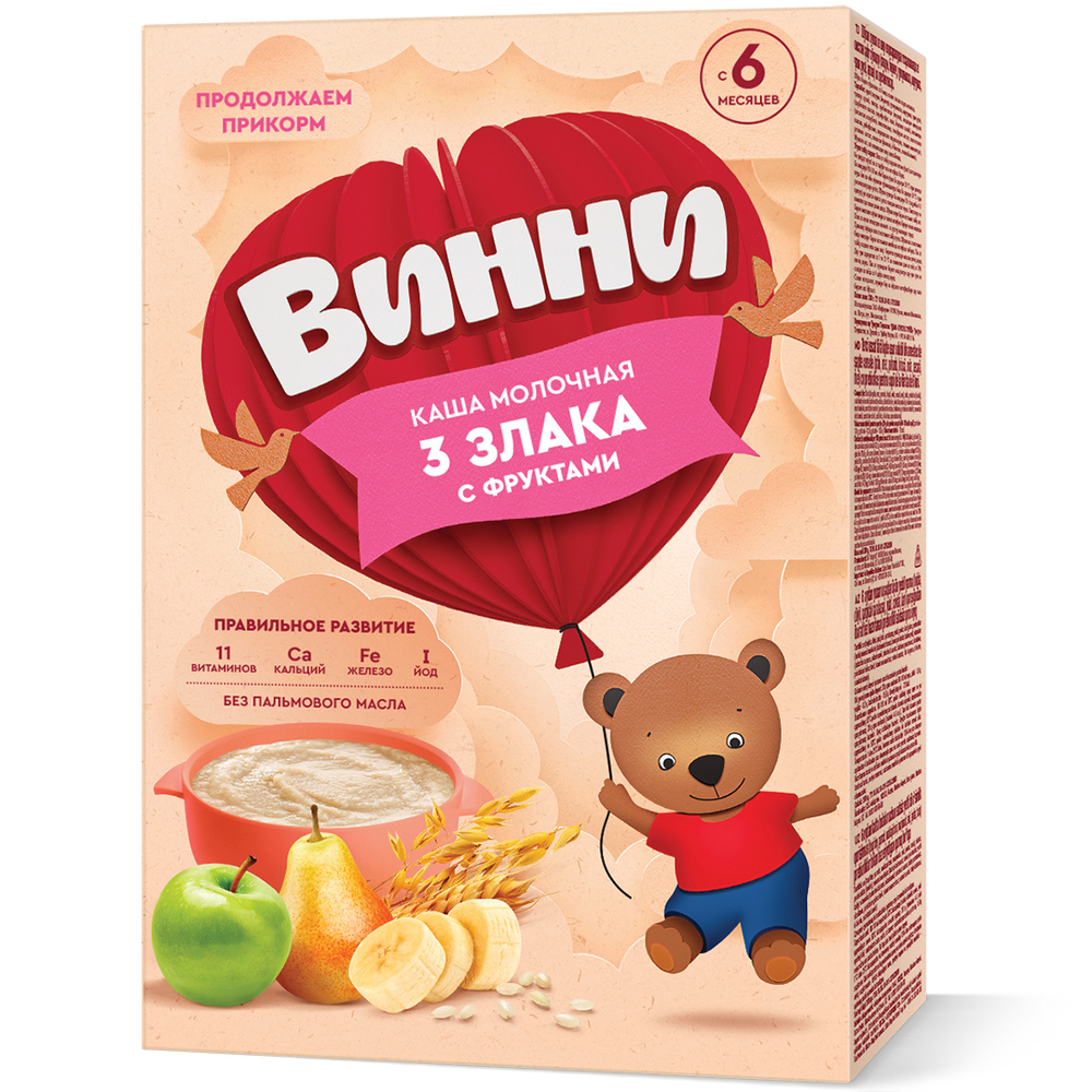 Каша молочная 3 злака с фруктами Винни 200г с 6 месяцев